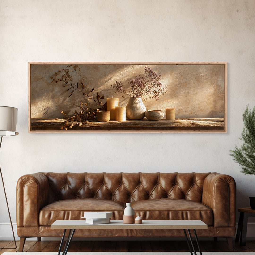 Neutral Candle Still Life Wall Art, Rustic Vase And Dried Botanical Painting, Wabi Sabi Minimalist Earth Tone Home Decor Gift