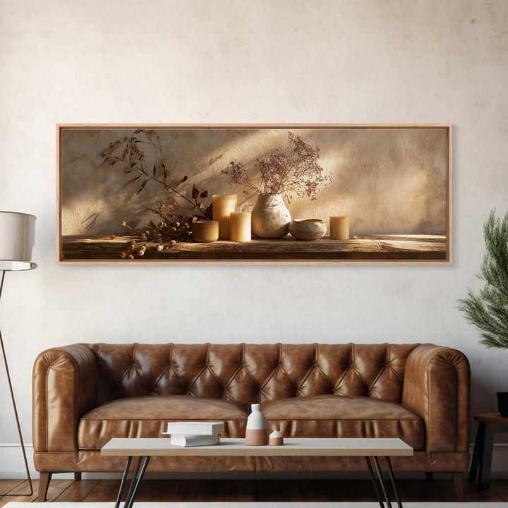Neutral Candle Still Life Wall Art, Rustic Vase And Dried Botanical Painting, Wabi Sabi Minimalist Earth Tone Home Decor Gift