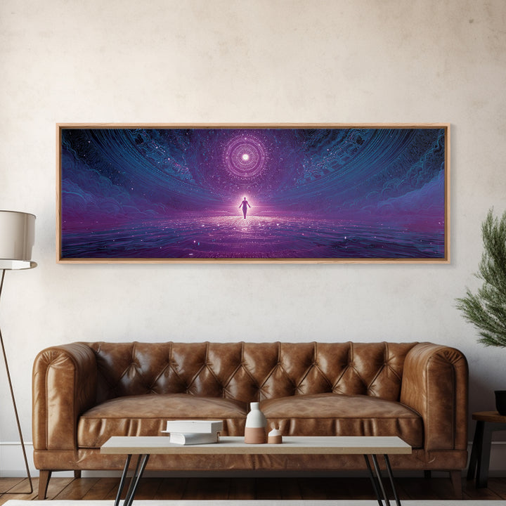 Cosmic Figure Before Celestial Portal Wall Art, Surreal Space Canvas Print, Mystical Purple Meditation Room Decor Gift For Her
