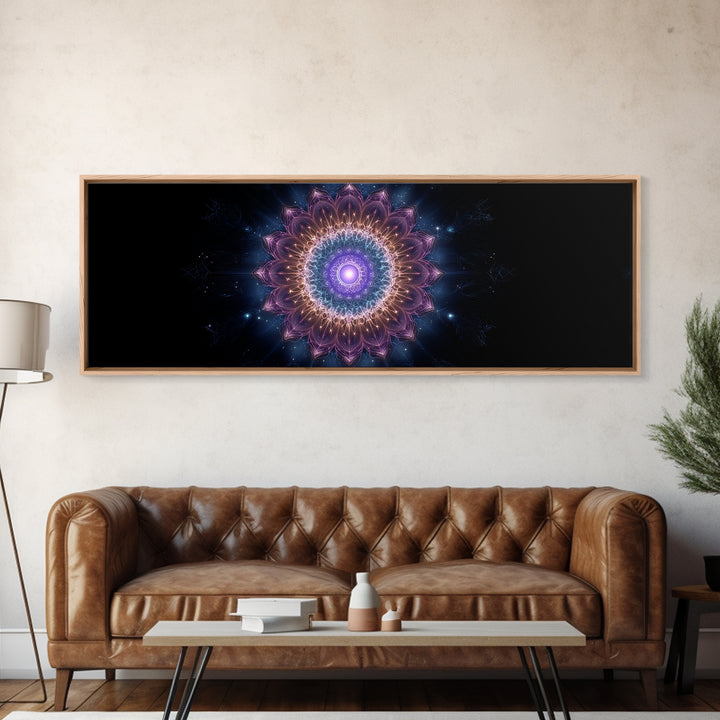Glowing Purple Mandala Cosmic Wall Art, Celestial Abstract Canvas Print, Spiritual Decor, Meditation Room Art Gift For Her