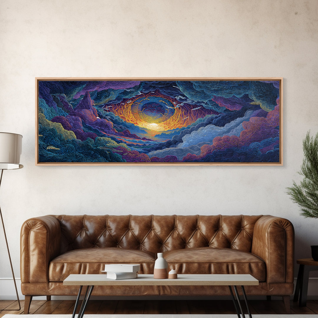 Textured Celestial Eye Sunset Wall Art, Cosmic Abstract Landscape Canvas, Colorful Spiritual Decor, Large Statement Art Print