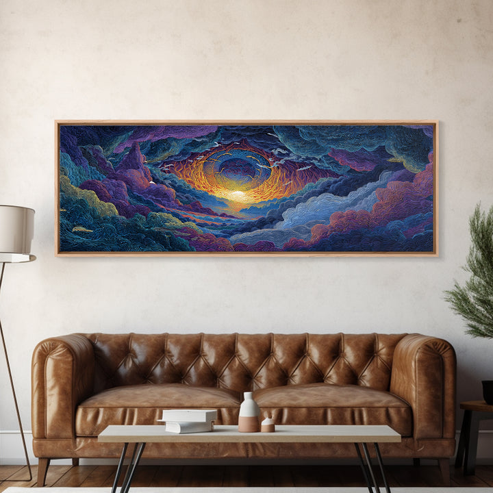 Textured Celestial Eye Sunset Wall Art, Cosmic Abstract Landscape Canvas, Colorful Spiritual Decor, Large Statement Art Print