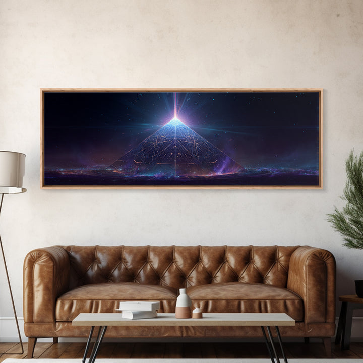 Glowing Cosmic Pyramid Wall Art, Futuristic Celestial Space Print, Mystical Sacred Geometry Decor, Framed Canvas Print For Office Decor