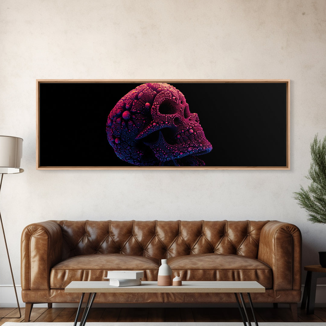 Neon Fractal Skull Canvas Print, Gothic Dark Art Wall Art, Psychedelic Horror Decor, Edgy Man Cave Statement Artwork, Gift For Him
