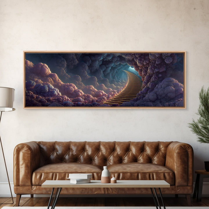Moody Cloud Stairway Framed Canvas Print, Fantasy Heaven Wall Art, Dreamy Celestial Landscape, Calming Bedroom Wall Decor