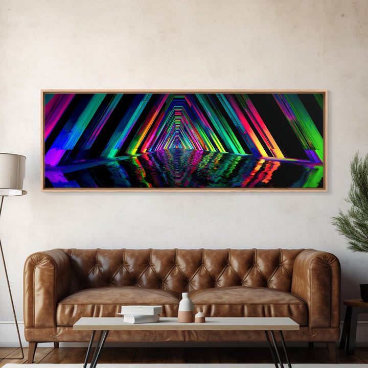 Neon Geometric Tunnel Reflection Canvas Print, Cyberpunk Wall Art, Futuristic Abstract Art, Gaming Room Decor, Vaporwave Poster
