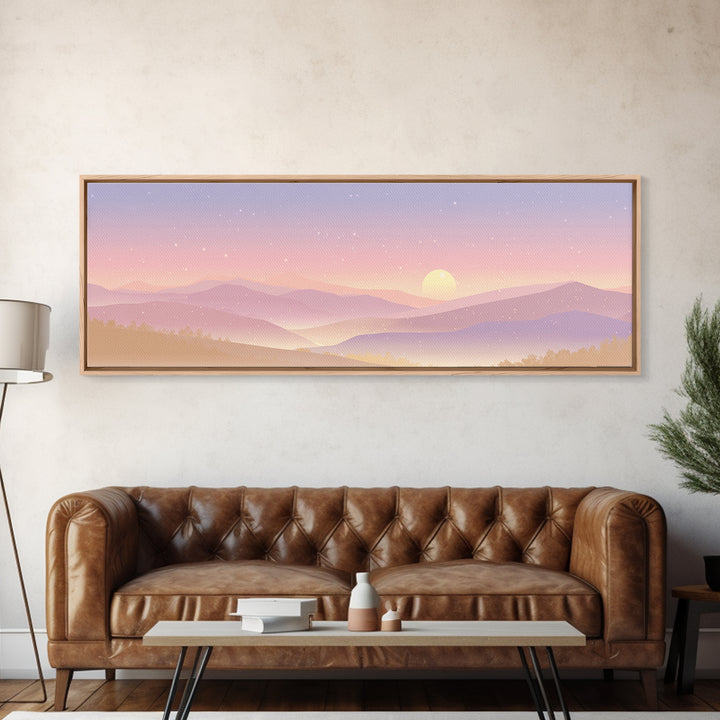 Pastel Mountain Moon Wall Art, Minimalist Sunset Landscape, Celestial Nursery Print, Calming Soft Pink Bedroom Home Decor Gift