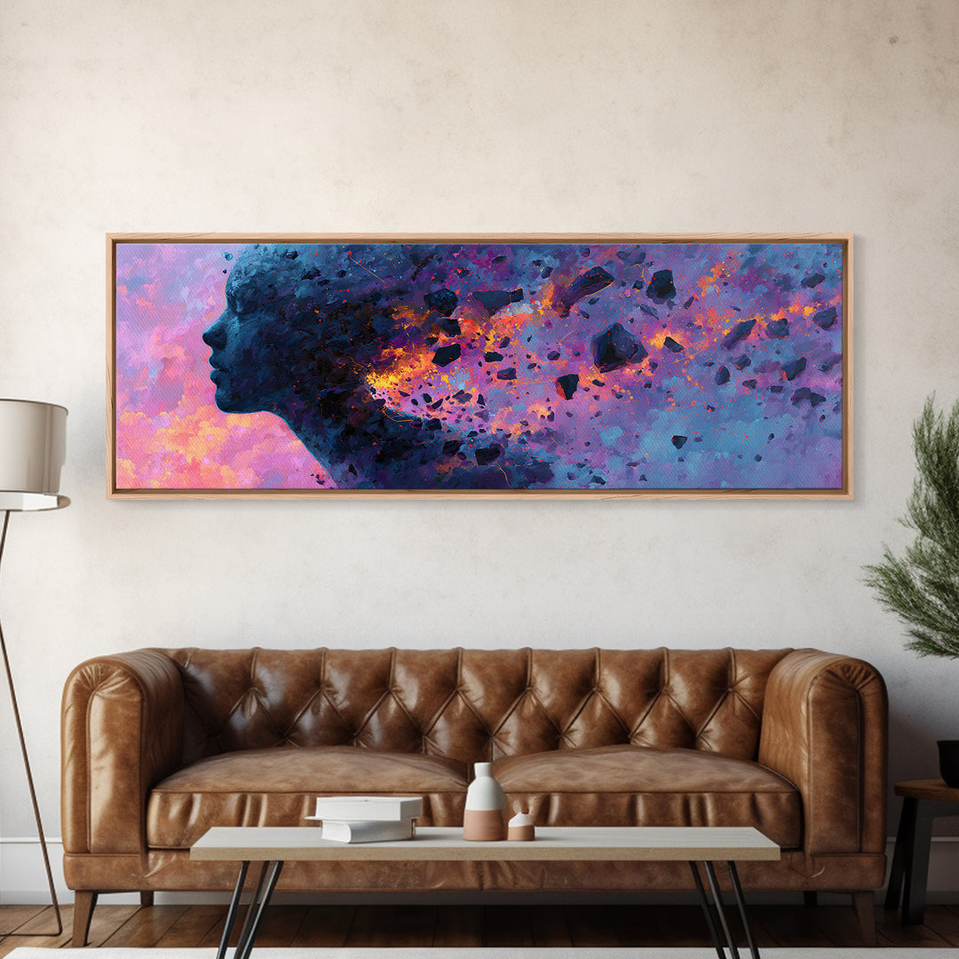 Cosmic Woman Profile Dissolving Into Stars Canvas Print, Surreal Feminine Wall Art For Bedroom Decor And Modern Office Decor
