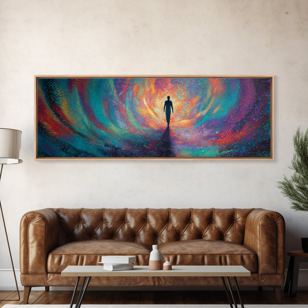 Silhouette Walking Into Rainbow Vortex Wall Art, Abstract Psychedelic Art Print, Meditation Decor, Modern Canvas Print For Living Room