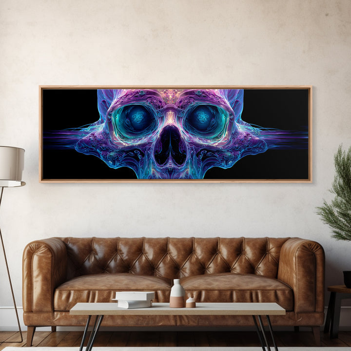 Neon Crystal Skull Wall Art, Gothic Psychedelic Dark Art Print, Futuristic Macabre Decor, Framed Canvas Print For Living Room