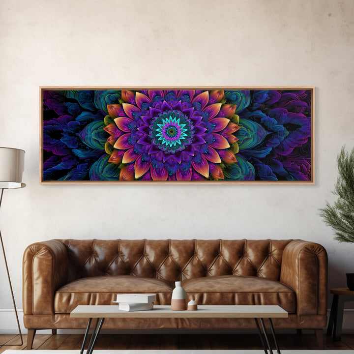 Vibrant Fractal Mandala Flower Canvas Print, Psychedelic Wall Art, Colorful Spiritual Decor, Meditation Room Art, Yoga Studio