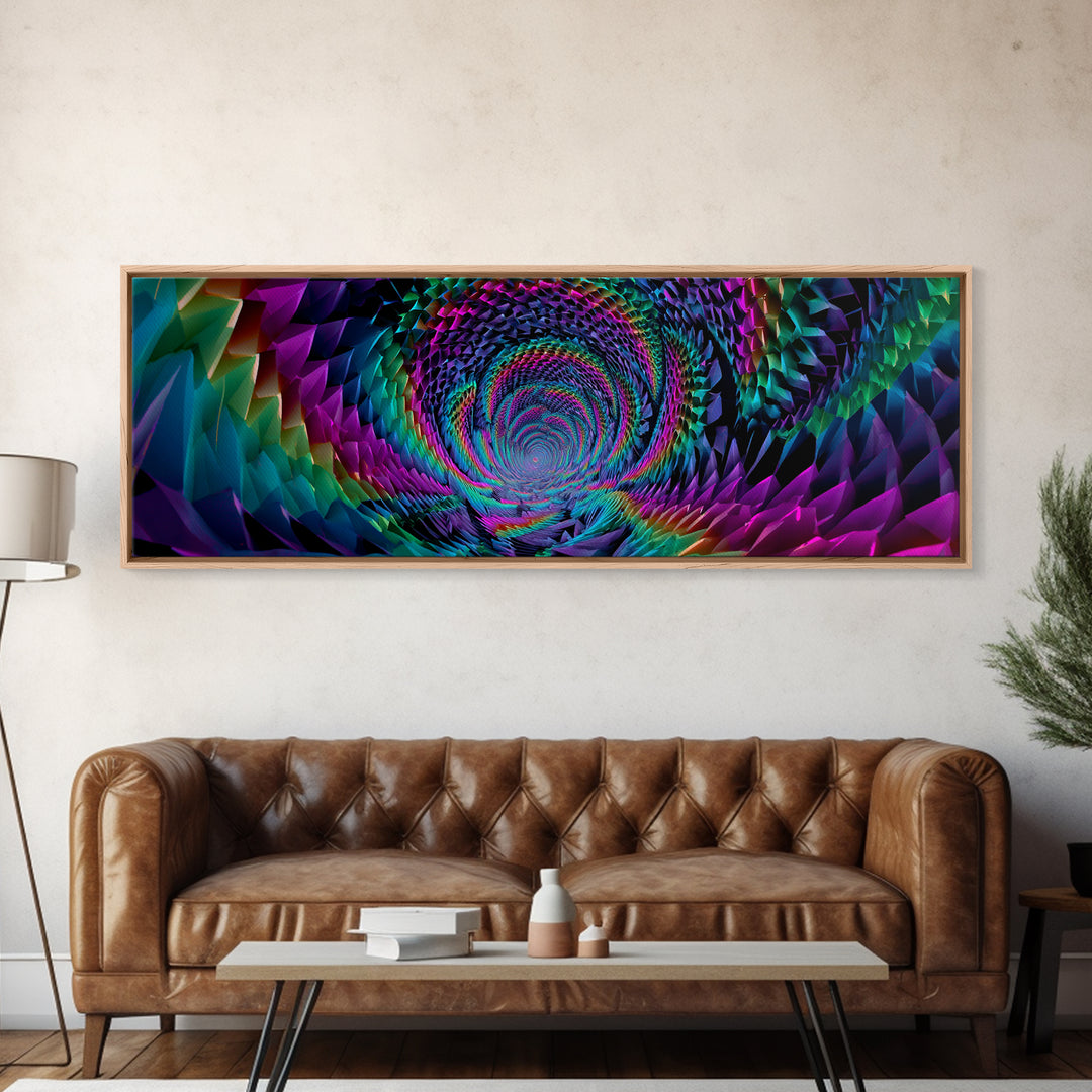 Rainbow Crystal Vortex Tunnel With Geometric Depth Canvas Print, Psychedelic Wall Art For Modern Abstract Home Decor And Office Decor