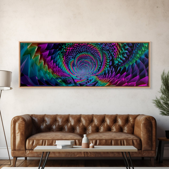 Rainbow Crystal Vortex Tunnel With Geometric Depth Canvas Print, Psychedelic Wall Art For Modern Abstract Home Decor And Office Decor