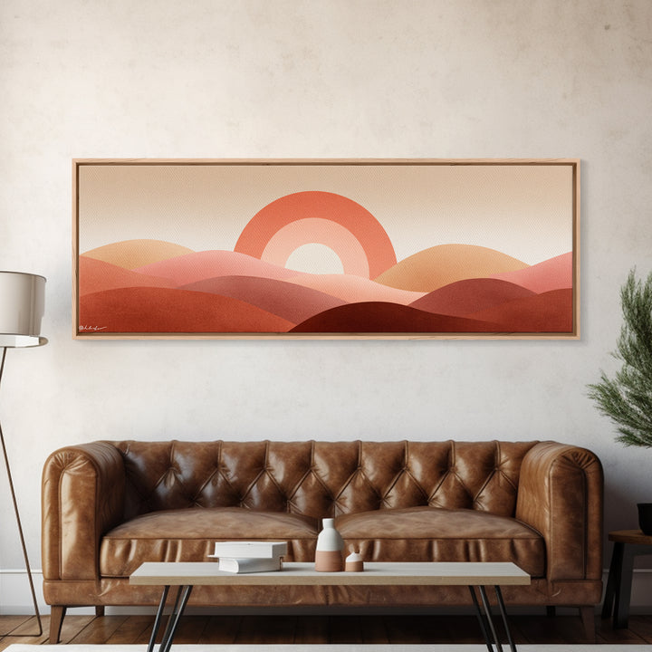Terracotta Sun And Rolling Hills Canvas Print, Abstract Desert Landscape, Mid Century Modern Wall Art, Warm Earth Tone Decor