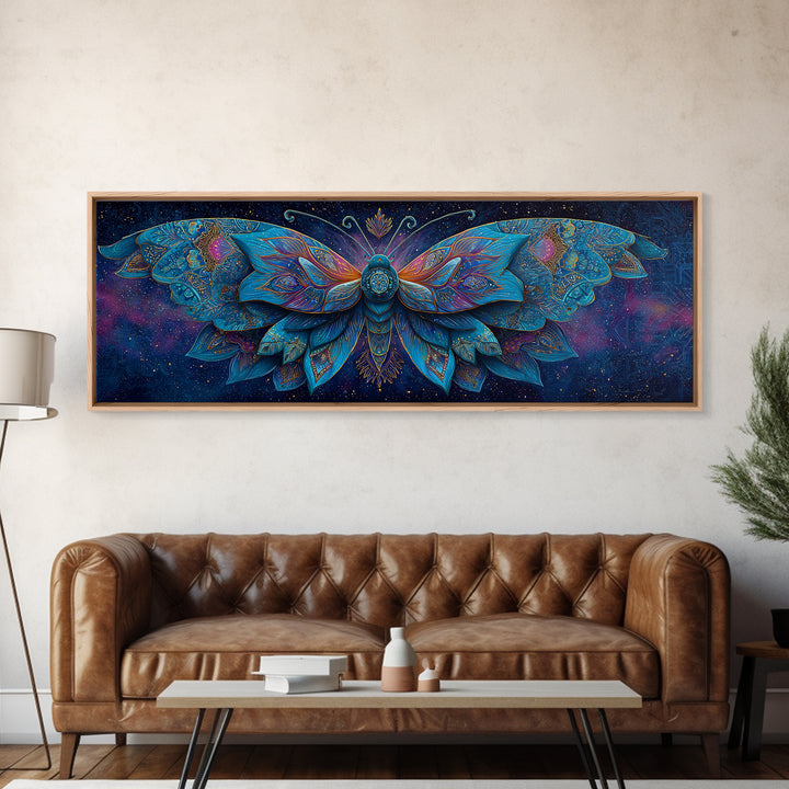 Celestial Blue Moth With Jeweled Wings Framed Canvas Print, Mystical Wall Art For Bedroom Decor And Gift For Her, Boho Celestial Home Decor