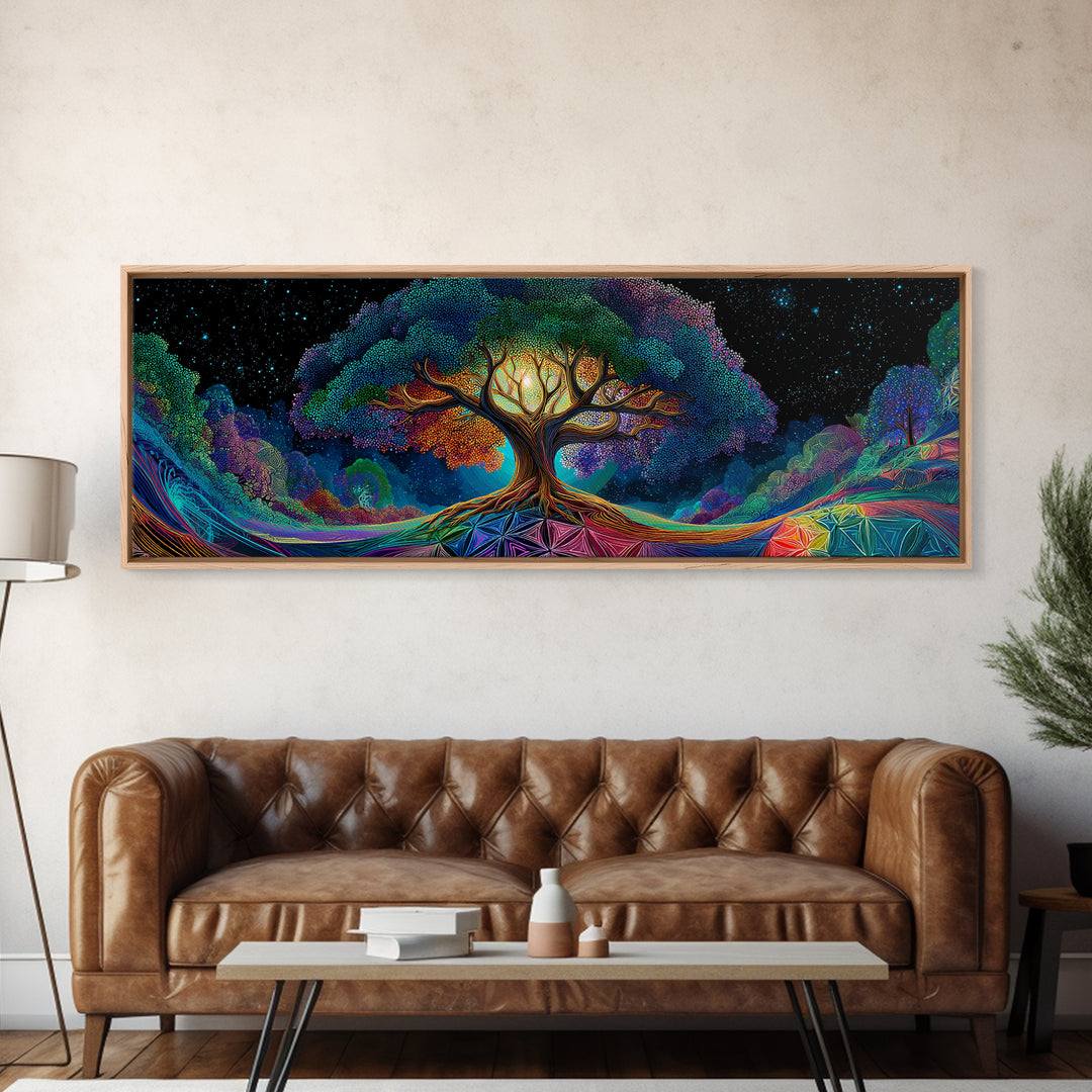 Glowing Tree Of Life Under Starry Sky Framed Canvas Print, Mystical Nature Wall Art For Boho Home Decor And Bedroom Decor