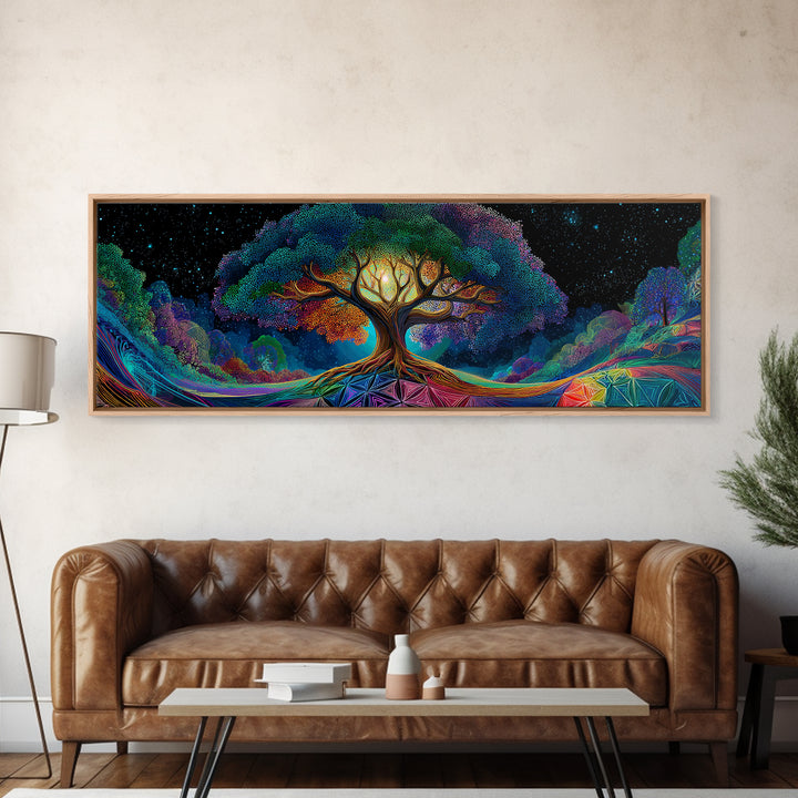 Glowing Tree Of Life Under Starry Sky Framed Canvas Print, Mystical Nature Wall Art For Boho Home Decor And Bedroom Decor