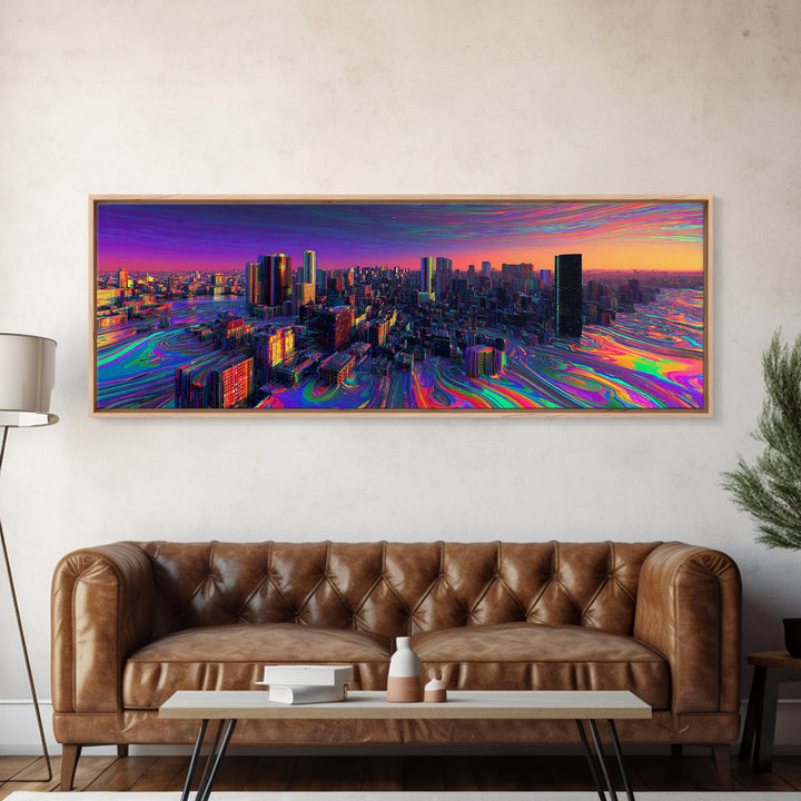 Neon Cyberpunk City Canvas Print, Futuristic Skyline Wall Art, Glitch Urban Decor, Modern Gaming Room Panoramic Wall Art Print