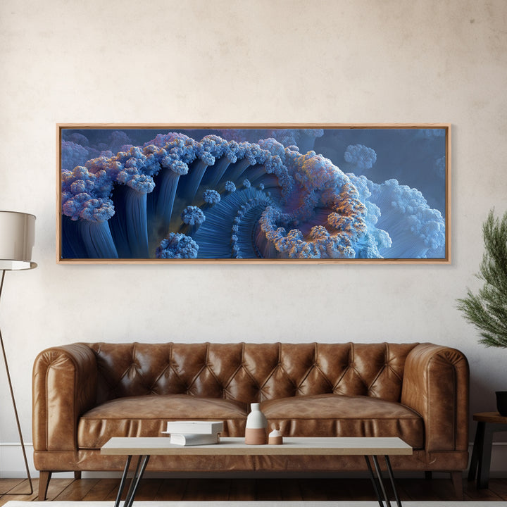 Blue Fractal Ocean Wave And Frozen Spiral Canvas Print, Abstract Seascape Wall Art For Modern Coastal Living Room Home Decor