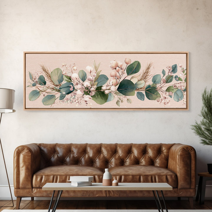 Eucalyptus Cotton Floral Garland Framed Canvas Print, Sage Green Wall Art, Boho Nursery Decor, Farmhouse Home Gift For Her