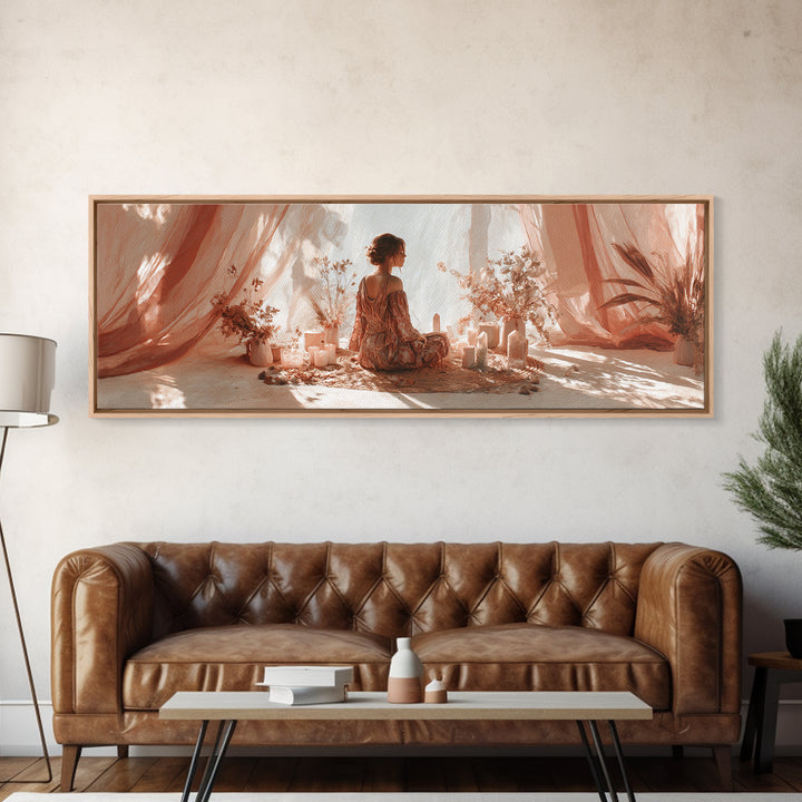 Boho Woman Candle Meditation Wall Art, Blush Drapery Sanctuary, Feminine Bedroom Decor, Spiritual Canvas, Gift For Her Print