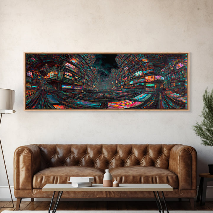 Neon Cyberpunk City With Glitch Streets Framed Canvas Print, Futuristic Wall Art For Gaming Room Decor And Office Decor, Gift For Him