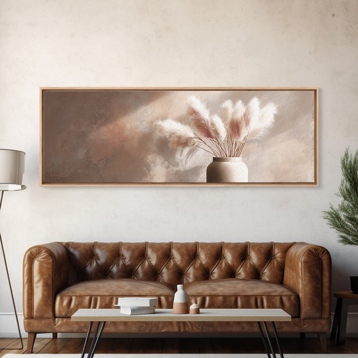 Neutral Pampas Grass Vase Framed Canvas Print, Beige Minimalist Wall Art, Japandi Home Decor, Modern Living Room Decor Print