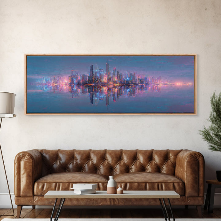 Neon Futuristic Skyline Reflection Wall Art, Panoramic Canvas Print, Cyberpunk Cityscape, Modern Living Room Decor, Large Horizontal Art