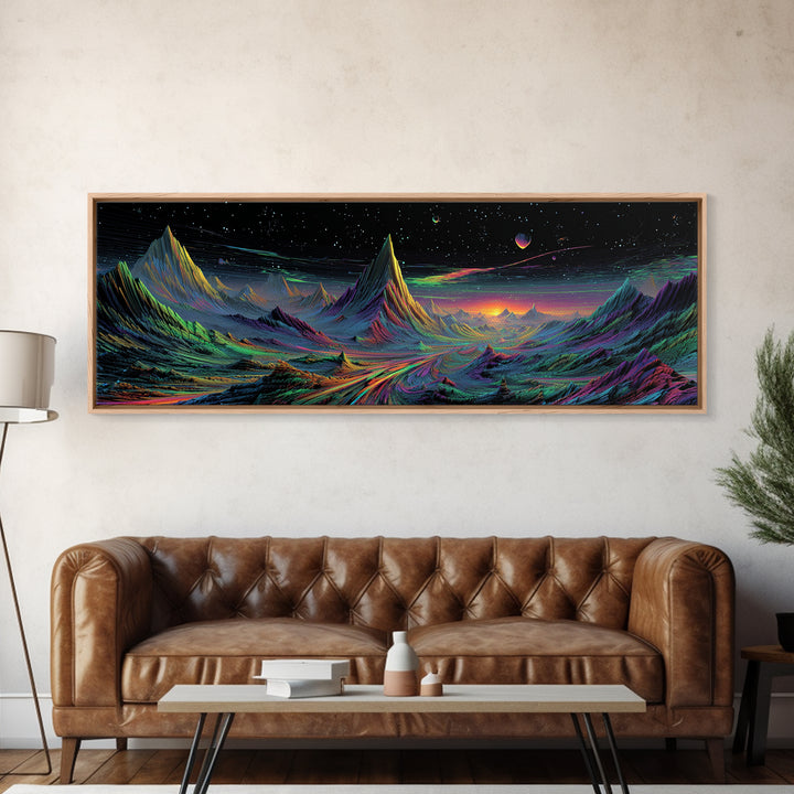 Alien Mountain Road Under Stars Wall Art, Psychedelic Space Landscape, Sci Fi Decor, Panoramic Canvas, Vaporwave Gamer Room Print