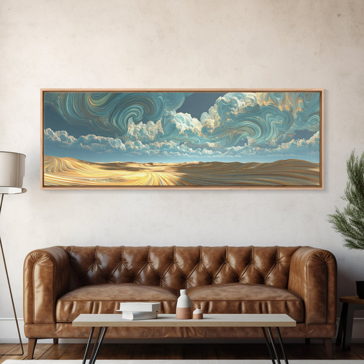 Surreal Golden Desert Under Swirling Clouds Canvas Print, Panoramic Landscape Wall Art For Modern Living Room Decor, Housewarming Gift