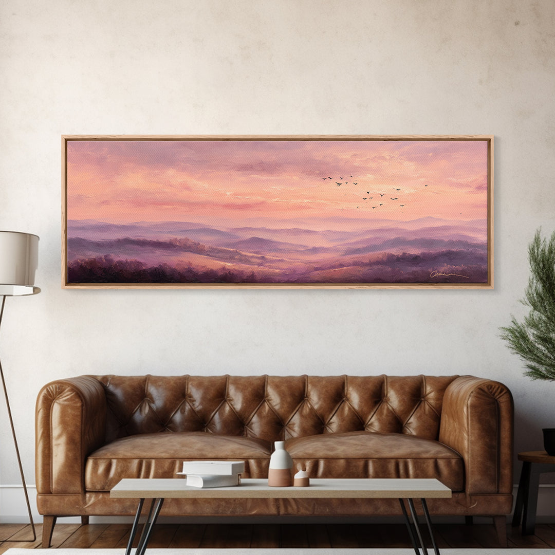 Misty Pink Mountain Landscape Wall Art, Romantic Sunrise Canvas Print, Large Horizontal Living Room Decor, Nature Gift Print