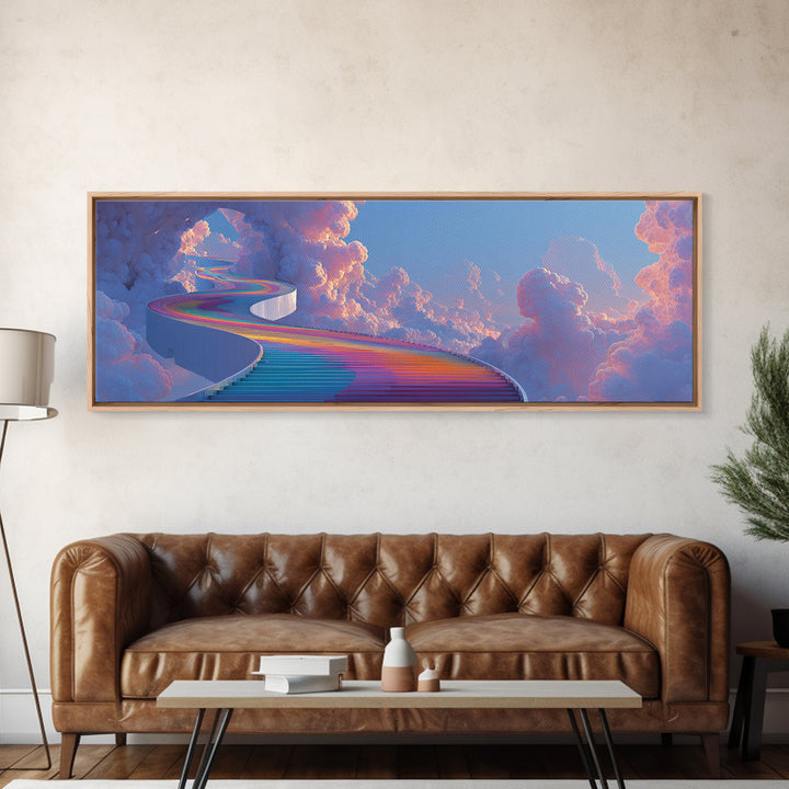 Rainbow Stairway Through Clouds Wall Art, Dreamy Celestial Fantasy Print, Pastel Whimsical Decor, Framed Canvas Print For Nursery