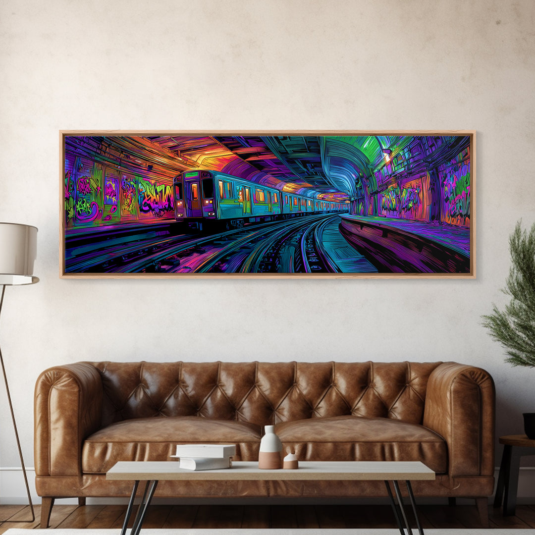 Neon Graffiti Subway Canvas Print, Urban Street Art Train, Cyberpunk Wall Decor, Gaming Room Art, Modern Wall Art Gift For Him