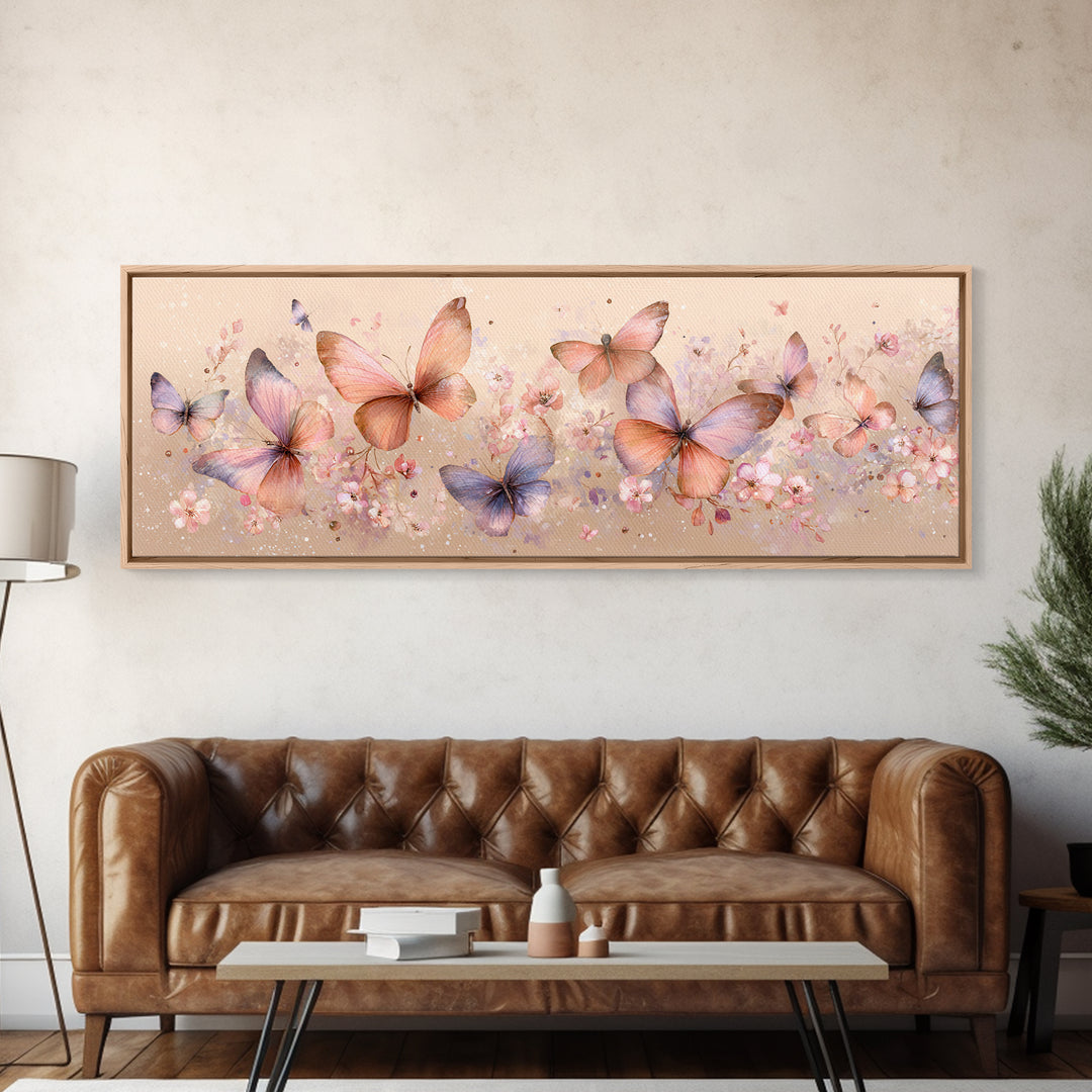 Pastel Butterfly Garden Wall Art, Soft Floral Canvas Print, Feminine Nursery Decor, Spring Bedroom Art, Gift For Her Print