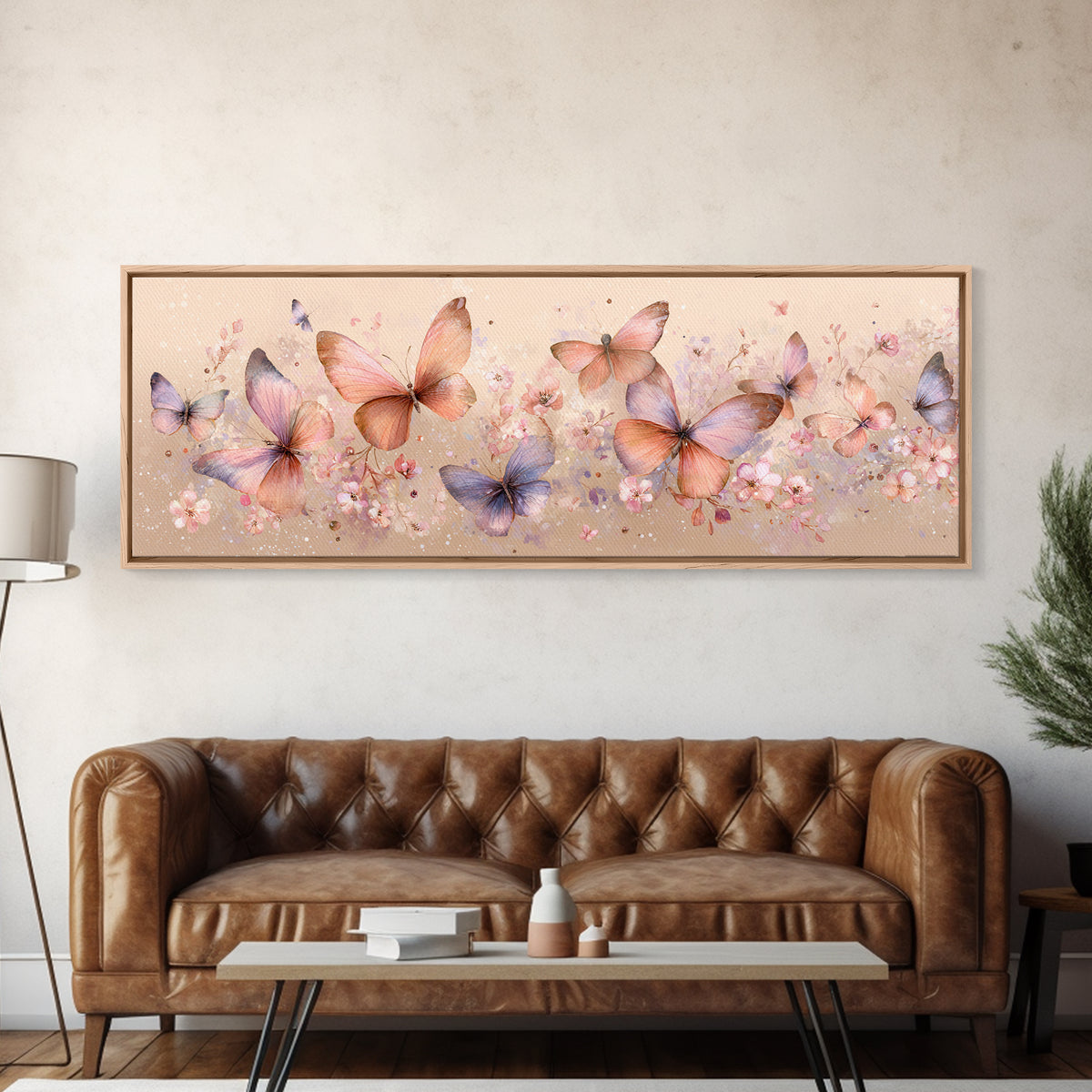 Pastel Butterfly Garden Wall Art, Soft Floral Canvas Print, Feminine Nursery Decor, Spring Bedroom Art, Gift For Her Print