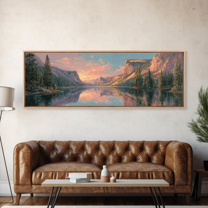 Serene Mountain Lake Sunset Wall Art, Panoramic Landscape Canvas Print, Rustic Nature Decor For Living Room And Cabin Home Decor