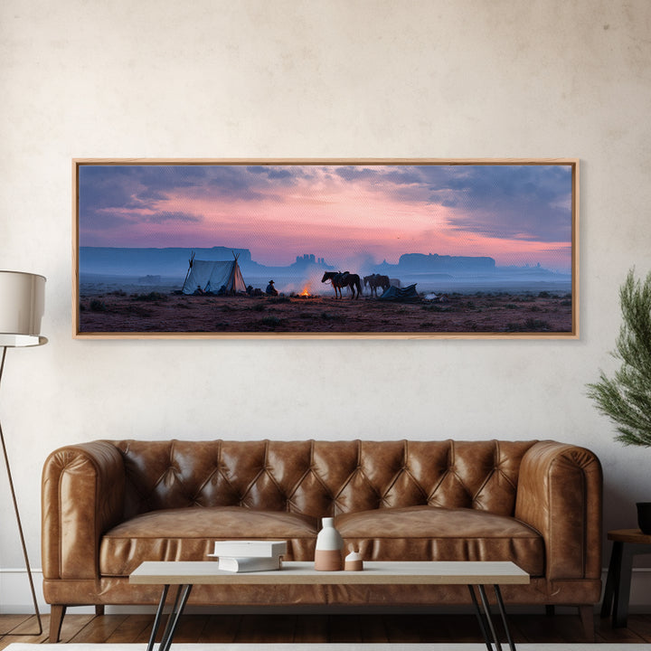 Western Desert Camp With Horses Framed Canvas Print, Cowboy Sunset Landscape, Southwestern Wall Art, Rustic Western Home Decor