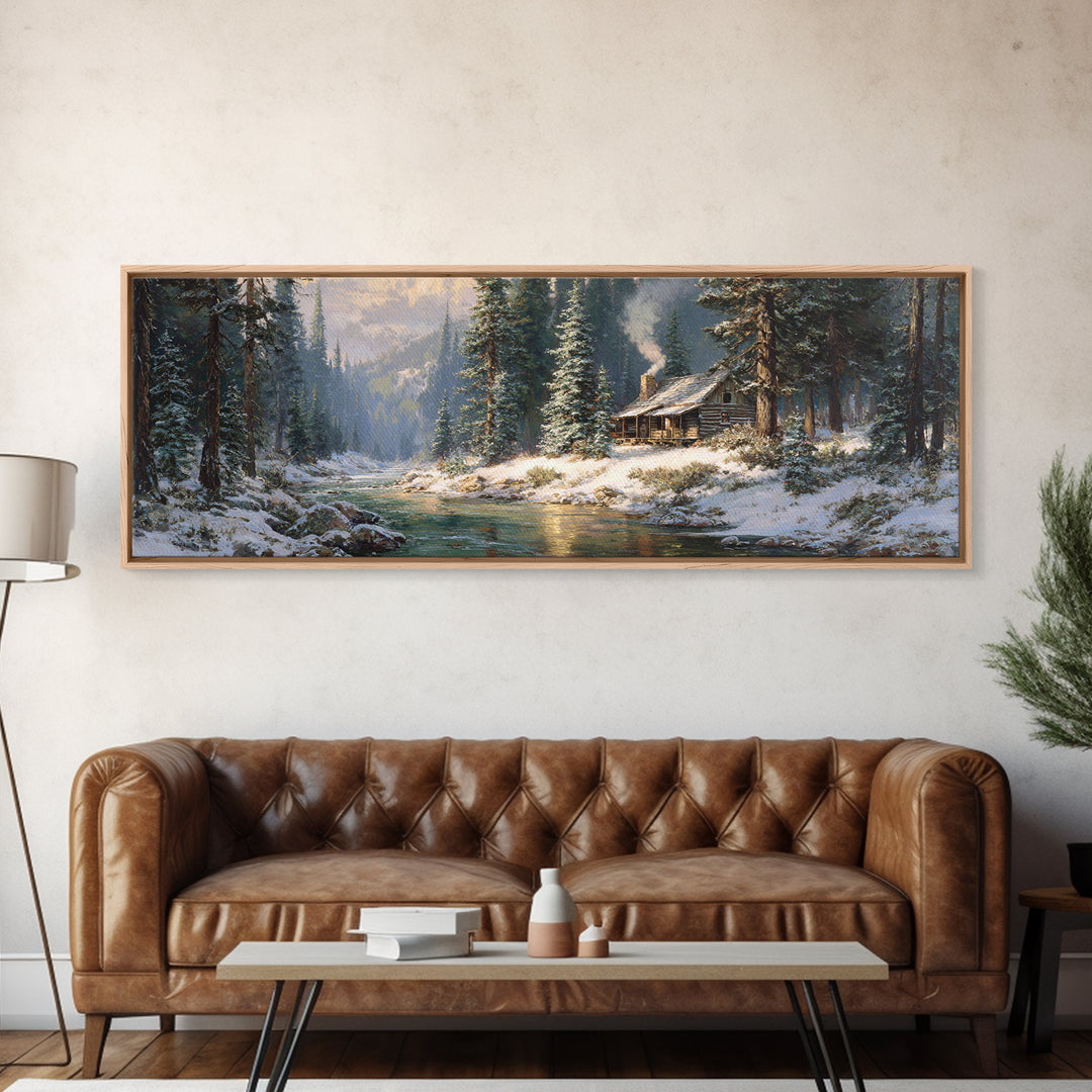 Snowy Cabin River Framed Canvas Print, Winter Forest Landscape Wall Art, Rustic Home Decor, Lake House Gift For Living Room Decor