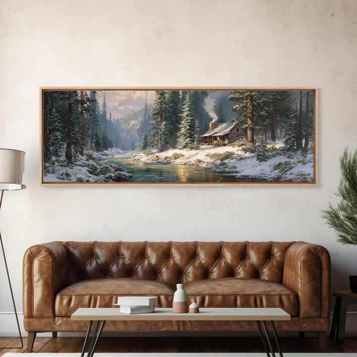Snowy Cabin River Framed Canvas Print, Winter Forest Landscape Wall Art, Rustic Home Decor, Lake House Gift For Living Room Decor