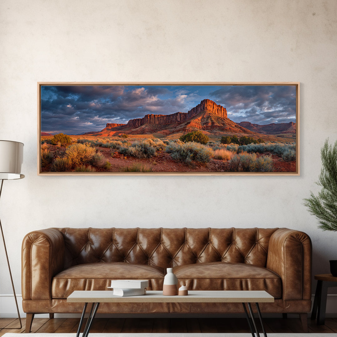 Red Rock Desert Mesa At Sunset Wall Art, Panoramic Southwestern Landscape Canvas, Rustic Home Decor, Large Living Room Print
