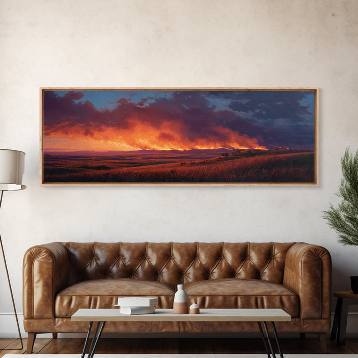 Wildfire Prairie Sunset Wall Art, Dramatic Grassland Landscape, Moody Rustic Decor, Western Canvas Print, Large Horizontal Art
