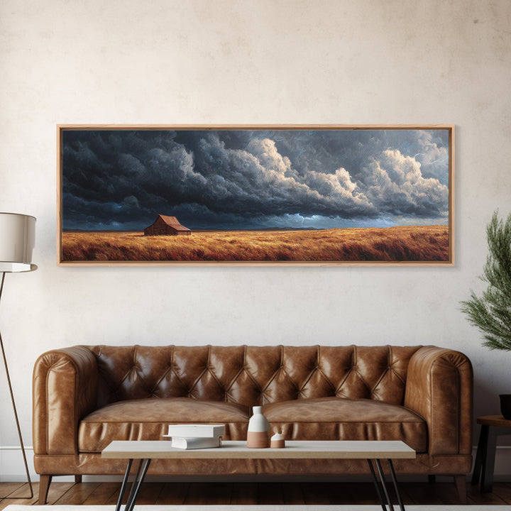 Stormy Prairie Barn Wall Art, Rustic Farmhouse Landscape Painting, Moody Country Decor, Large Horizontal Framed Canvas Print