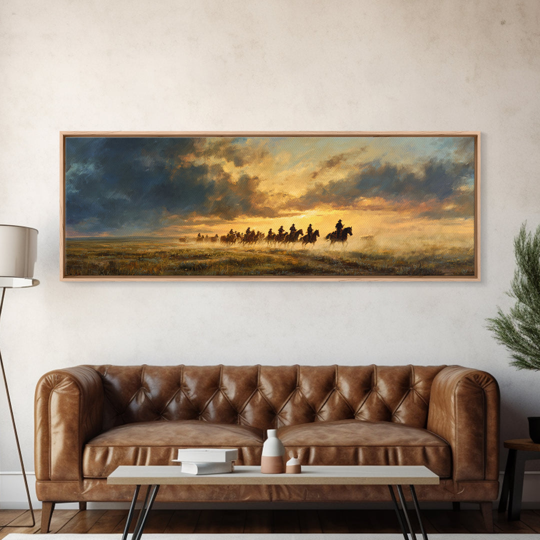 Galloping Cowboys At Sunset Framed Canvas Print, Western Horse Landscape Wall Art, Rustic Ranch Decor, Moody Prairie Painting