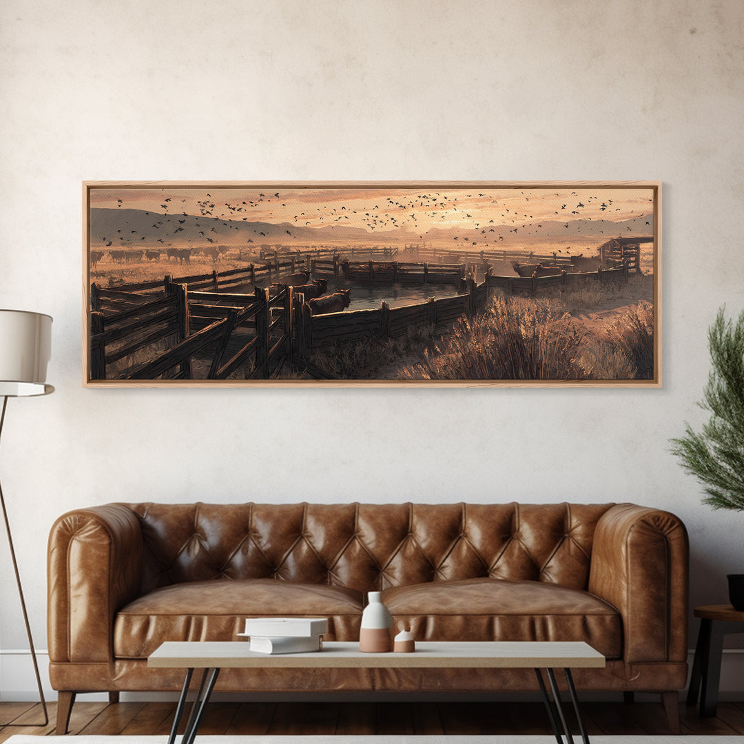 Sepia Ranch Corral Sunset Framed Canvas Print, Western Wall Art, Rustic Farmhouse Decor, Cowboy Landscape, Housewarming Gift