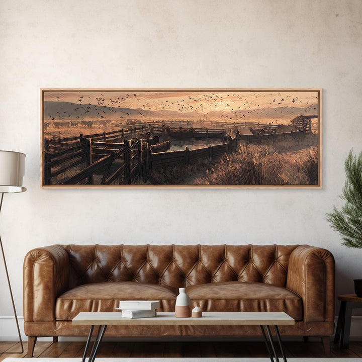 Sepia Ranch Corral Sunset Framed Canvas Print, Western Wall Art, Rustic Farmhouse Decor, Cowboy Landscape, Housewarming Gift
