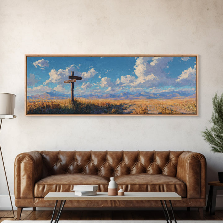 Sunlit Prairie Signpost And Mountain Meadow Wall Art, Rustic Country Landscape Canvas Print, Farmhouse Decor, Open Range Gift