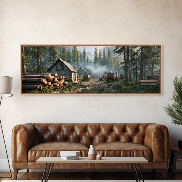 Rustic Logging Camp In Pine Forest Canvas Print, Large Cabin Wall Art, Woodland Landscape, Farmhouse Decor, Nature Lover Gift