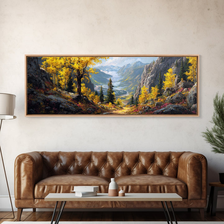 Golden Aspen Mountain Valley Canvas Print, Autumn Landscape Wall Art, Nature Wall Decor, Cabin Decor, Large Living Room Panoramic Art