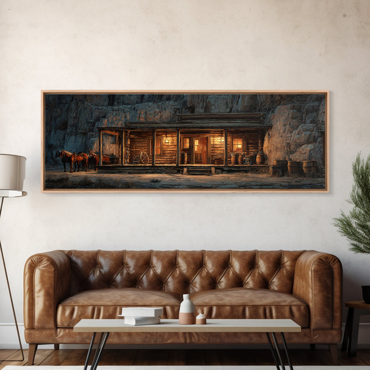 Rustic Western Saloon With Horses Framed Canvas Print, Cowboy Wall Art, Canyon Cabin Decor, Man Cave Rustic Wall Art Decor