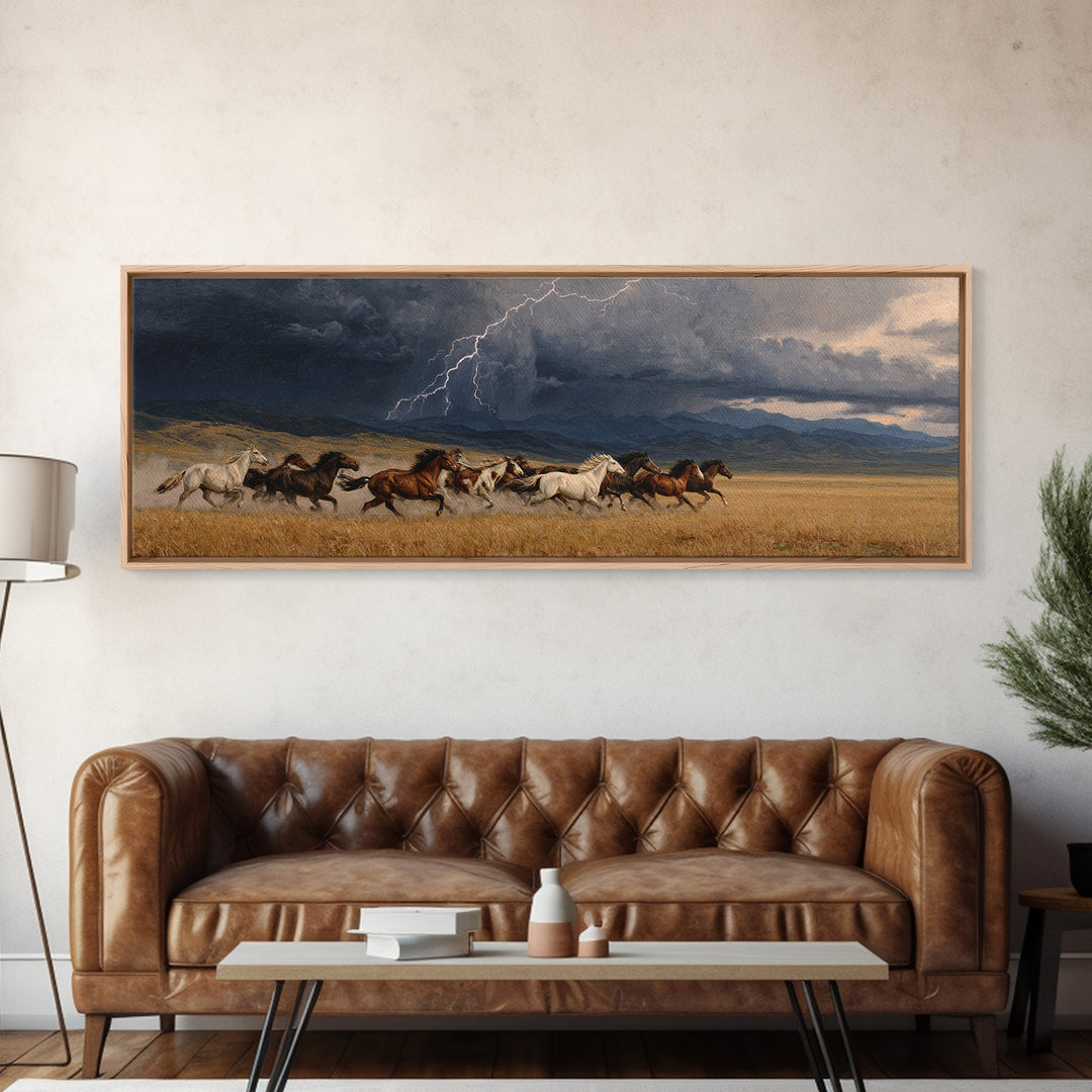 Wild Horses In Storm Wall Art, Western Landscape Canvas Print, Lightning Prairie Decor, Rustic Ranch Gift For Horse Lover
